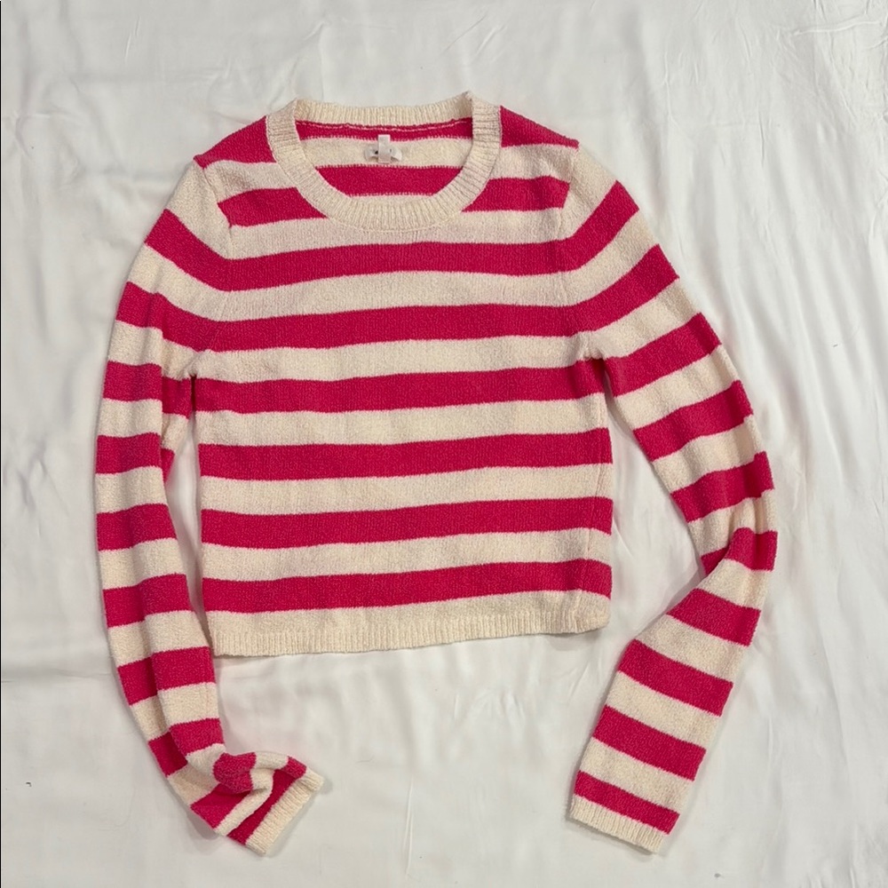 Aerie Pink and Cream Striped Crew Neck Sweater